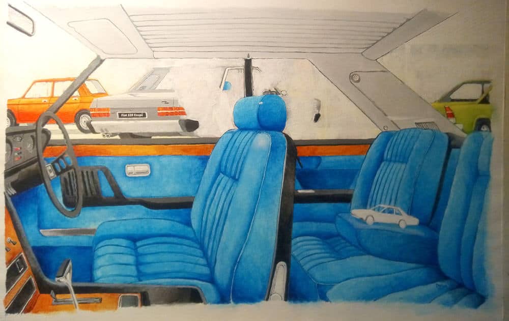 Automotive art - intermediate painting stage - Fiat 130 Coupe interior/exterior