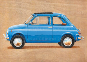 Historic car art: Car painting on wood: Fiat 500 artwork. Blue Fiat 500L (1968) Cinquecento.